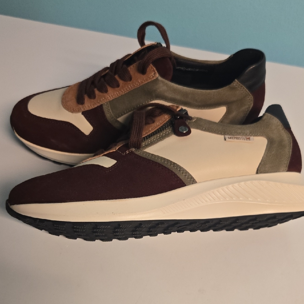 Mephisto Woman Burgundy, Olive, and Cream Sneakers